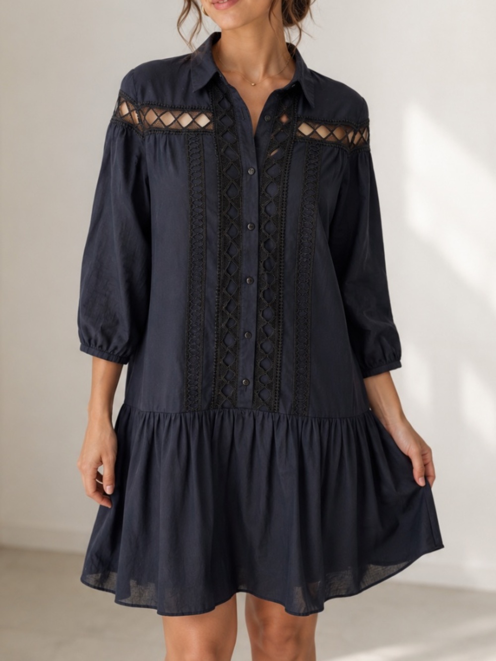 Crochet Trim Button Down Shirt Dress